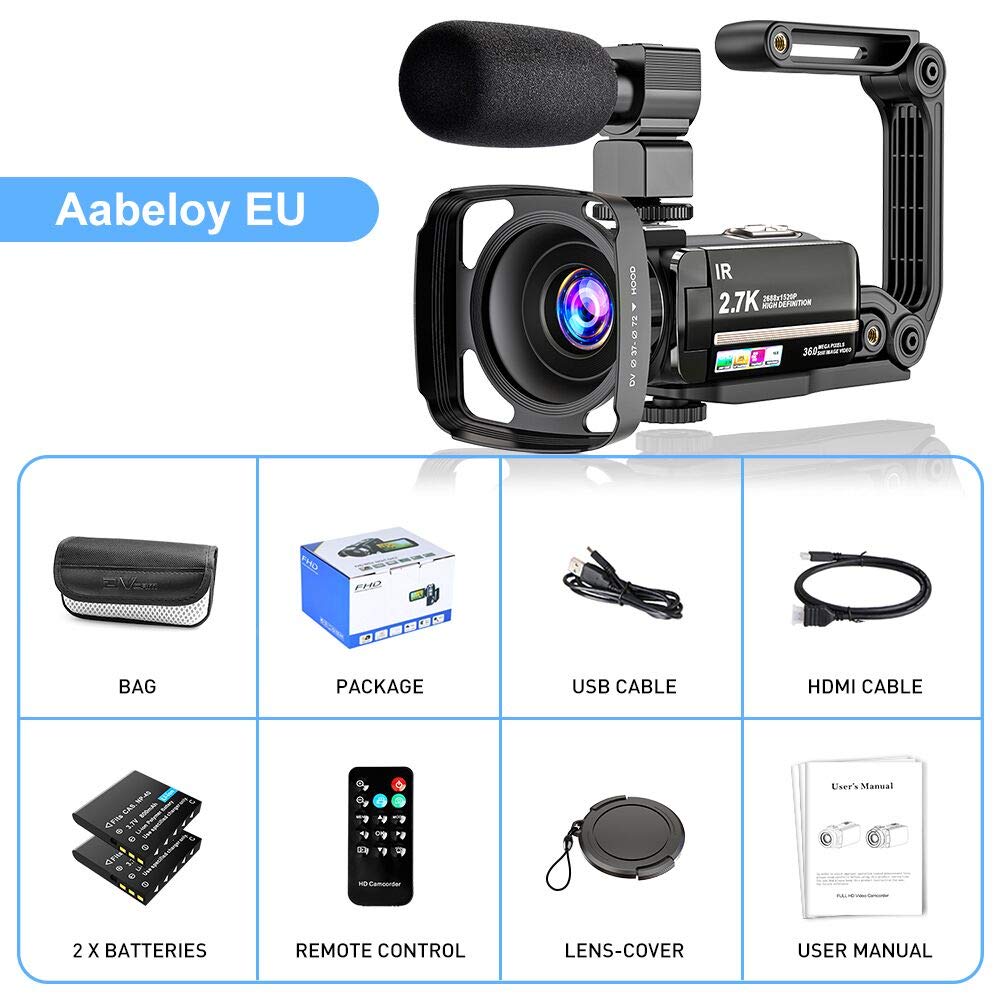 Videocamera Digitale Ultra HD 2.7K UHD 36MP per vlogging per Youtube IR Night Vision 3.0 "LCD Touch Screen 16X zoom digitale con registratore palmare stabilizzatore per microfono, 2 batterie