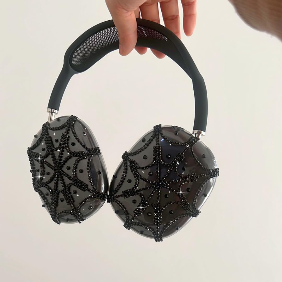 Rhinestones Spider Web AirPods Max Cover Black Glittering Headphones Case for Apple Airpods Max Cute Airpod Pro Max Ear Covers Protective Accessories (Black Web)