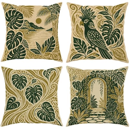Palm Outdoor Pillow Covers, Tropical Botanical Monstera Cockatoo Summer Green Machine Washable Couch Pillow Cases for Front Porch Bench Deck Furniture 18x18 Inch