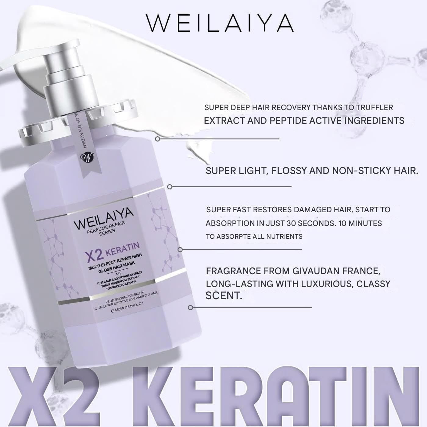 Weilaiya X2 Keratin Multi Effect Repair High Gloss Hair Mask 450mL (Repair damaged hair, Rebuid hair structure, Soft & Smooth hair, Anti frizzy hair, Heat protection, & keeps hair color last longer)