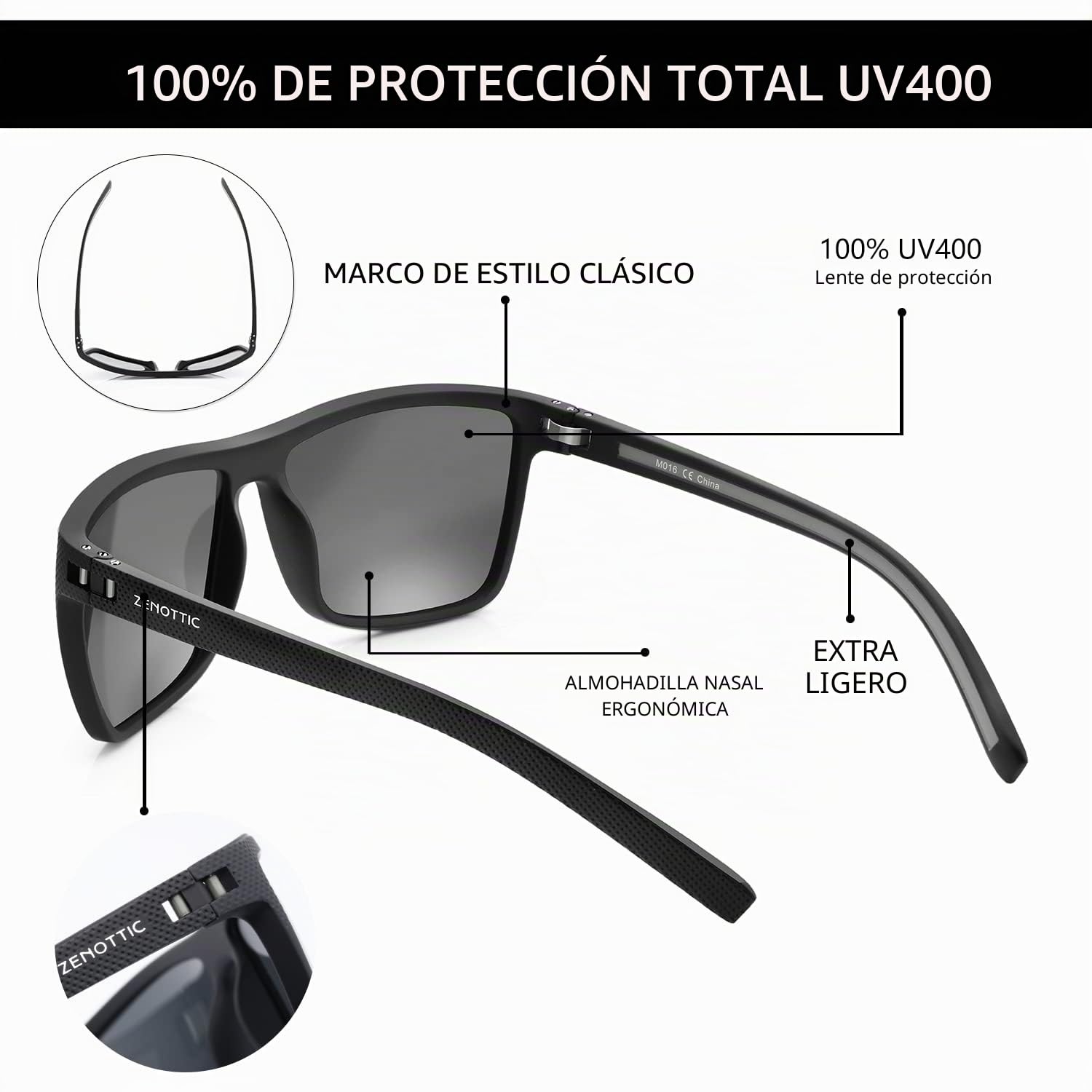 ZENOTTIC Gafas de sol polarizadas hombres luz TR90 marco UV400 protección cuadrado gafas de sol
