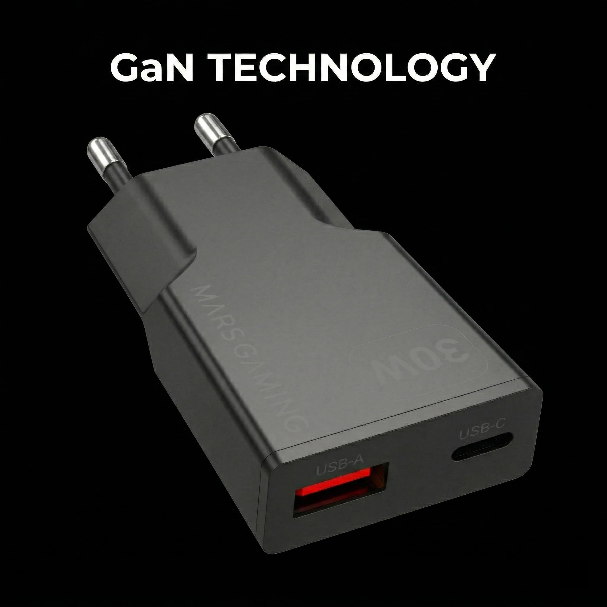 Mars Gaming MD-GAN30, Ładowarka USB 30W, Szybkie ładowanie PD 3.0 i QC 3.0, Technologia GaN, Ultrakompaktowy i Lekki Format, 9 Zabezpieczeń, Port USB-C i USB-A, Wtyczka Europejska Typu C, Czarny