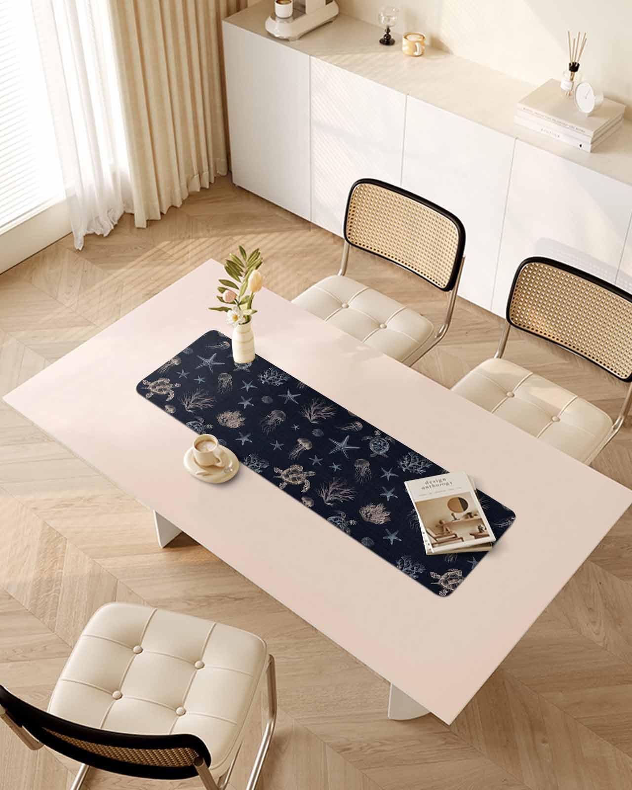 Debedcor Heat Proof Table Pads Waterproof Decorative, Coastal Blue Star Non-Slip Table Countertop Protector, Summer Beach Sea Turtle Black Insulation Mat for Kitchen Room, 40 x 12 Inches