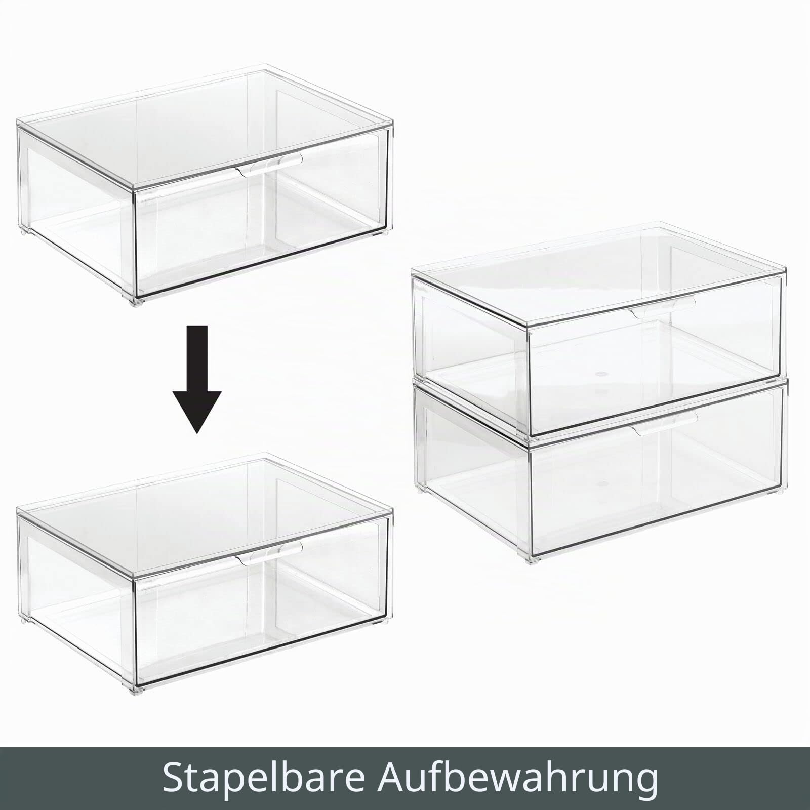 mDesign große Aufbewahrungsbox mit Schublade – stabile Schubladenbox aus Kunststoff zur Schuhaufbewahrung – Stapelbox für Schuhe, Accessoires und mehr – 2er-Set – durchsichtig