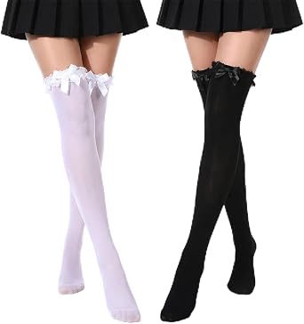 2 Pair White Thigh High Stockings with Bow, Thigh High Socks Lace Ruffle Trim White Stockings Long Knee Socks