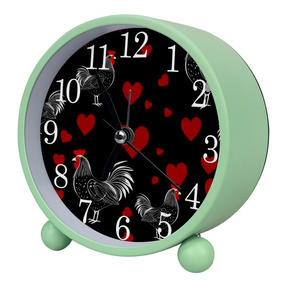 Alarm Clock Chickens Red Hearts, Silent Non-Ticking with Night Light