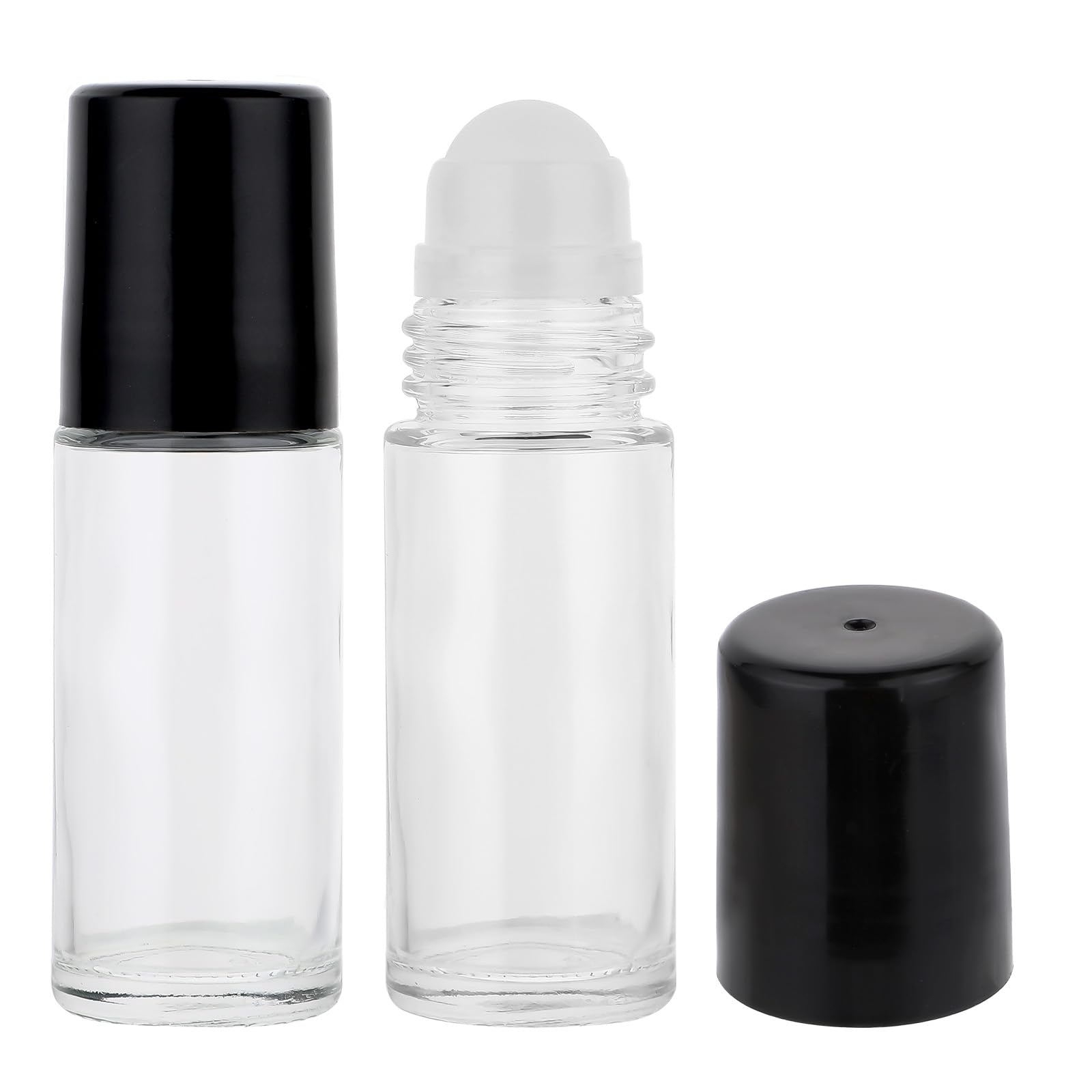 Grevosea 2 bottiglie a rullo, in vetro trasparente nero con sfera a rullo in plastica e coperchio nero, vuote, in vetro, per oli essenziali, 30 ml, ricaricabili, contenitori cosmetici per profumi, oli