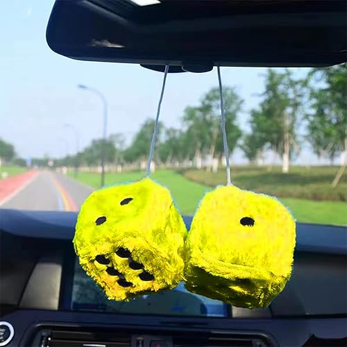 Miniatura 9 de Moioee Par de dados cuadrados retro de felpa mullidos de 3 pulgadas con puntos, decoración para colgar en el espejo del automóvil, adorno para