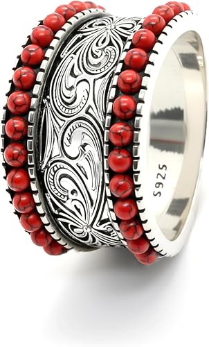 HAIXIAN Anillo de doble fila con diseño de flores de la suerte con esferas turquesas grabadas para mujeres y hombres, plata de ley S925, estilo