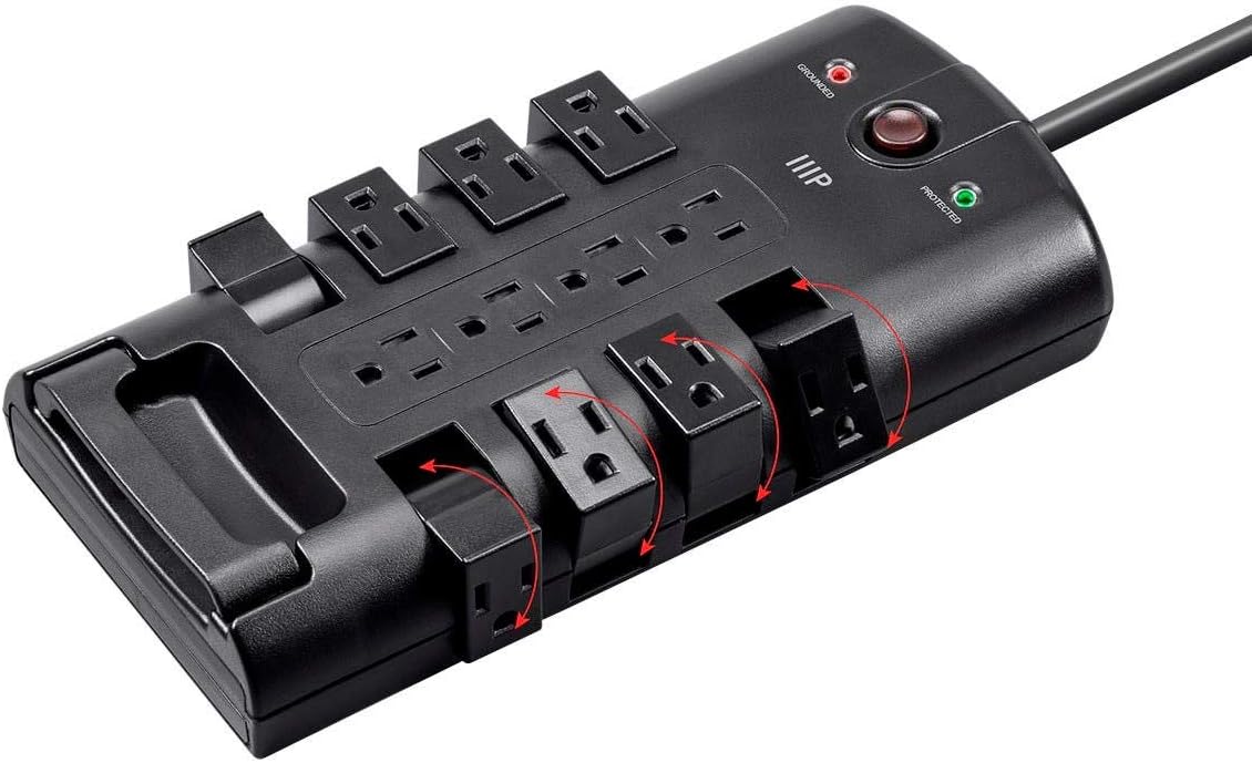 Monoprice 12 Outlet Rotating Power Strip Surge Protector Block -10 Feet Heavy Duty Cord, UL Rated, 4320 Joules, 330 Volts Clamping Voltage, With Grounded And Protected Light Indicator - Black