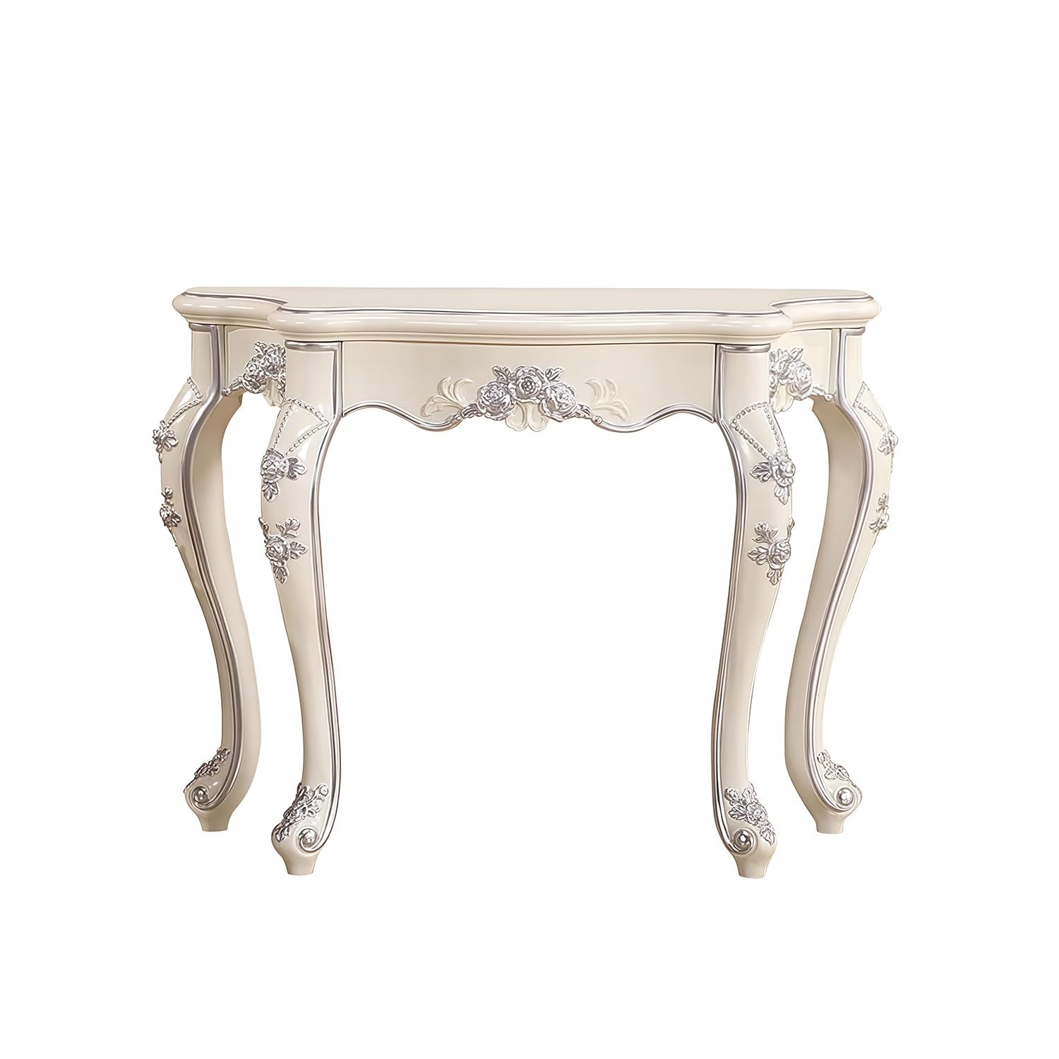 Vintage Console Table With Floral Carving, White Narrow Entryway With Legs For Living Room, Stable Sofa For Hallway, Bedroom(Silver,78cm/30.7in)