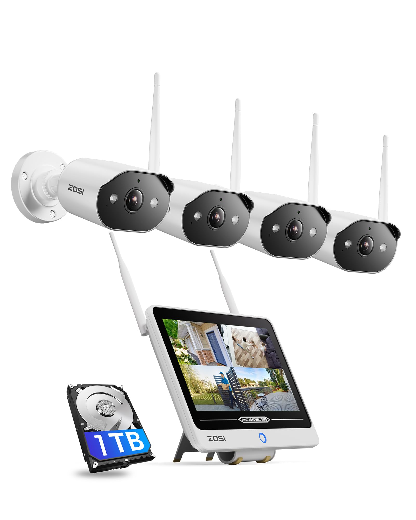 ZOSI 2K Wi-Fi 6 Überwachungskamera Set Aussen mit 12" Monitor-NVR, 1TB | 4x 3MP WLAN-Kameras mit 2-Wege Audio, KI Personen-/Fahrzeugerkennung, Farbnachtsicht, 24/7 Videoüberwachung für Innen & Außen