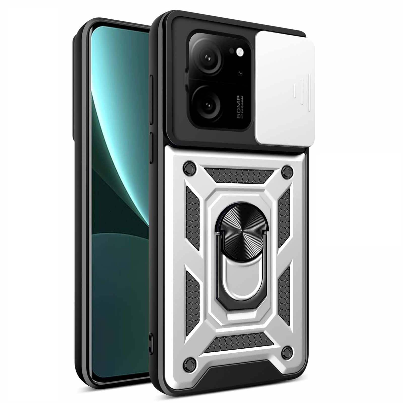 Custodia per Xiaomi 13T /13T Pro /Redmi K60 Custodia ultra resistente a doppio strato con copertura della fotocamera e supporto ad anello Argento