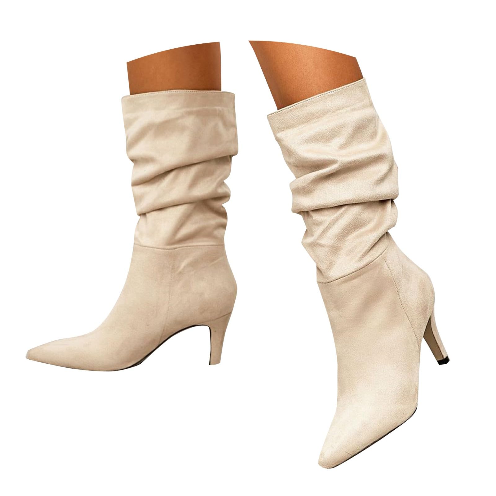 ZSpzx Womens Suede Mid Calf Boots Slouch Ruched Wide Width Stylish Kitten Heels Pointed Toe Casual Western Booties