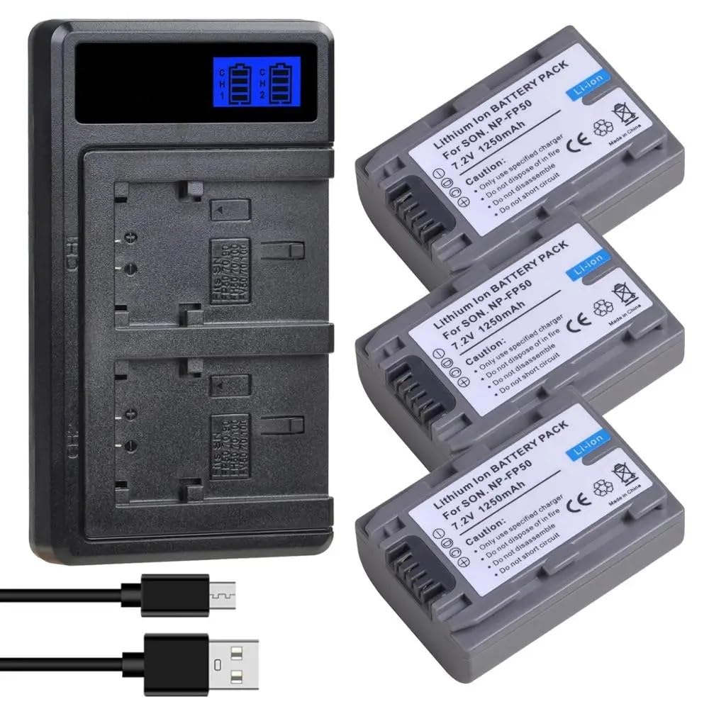 NP-FP50 NP FP50 NPFP50 Batería y cargador | Compatible con Sony, NP-FP30 NP-FP50 NP-FP60 NP-FP70 NP-FP71 NP-FP90, DCR-SX40 SX40R.(3Pc set)