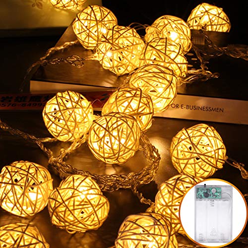 VIPMOON 40 LED Fairy Lights Rotan Ball String Lights, Waterdicht IP44, 16FT/5M, Batterij Aangedreven, 8 Verlichtingsmodi voor bruiloft, gazons, Kerstmis, Feest, Patio en Home, Outdoor/Indoor Decoratie