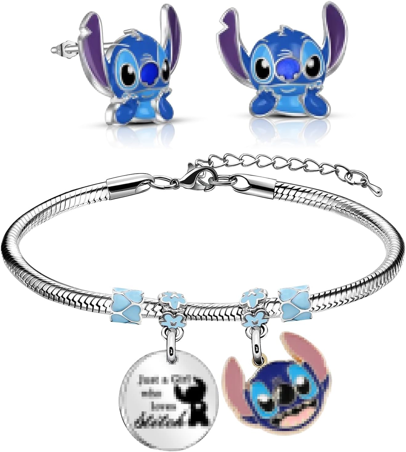 ATOWORLDStitch Bracelet for Girls Women Friendship with Stud Hoop Earrings Christmas Jewellery Present for Girls Women Earrings Friendship Bracelets for Girls Kids Friend Cute Cartoon Bracelet for Birthday