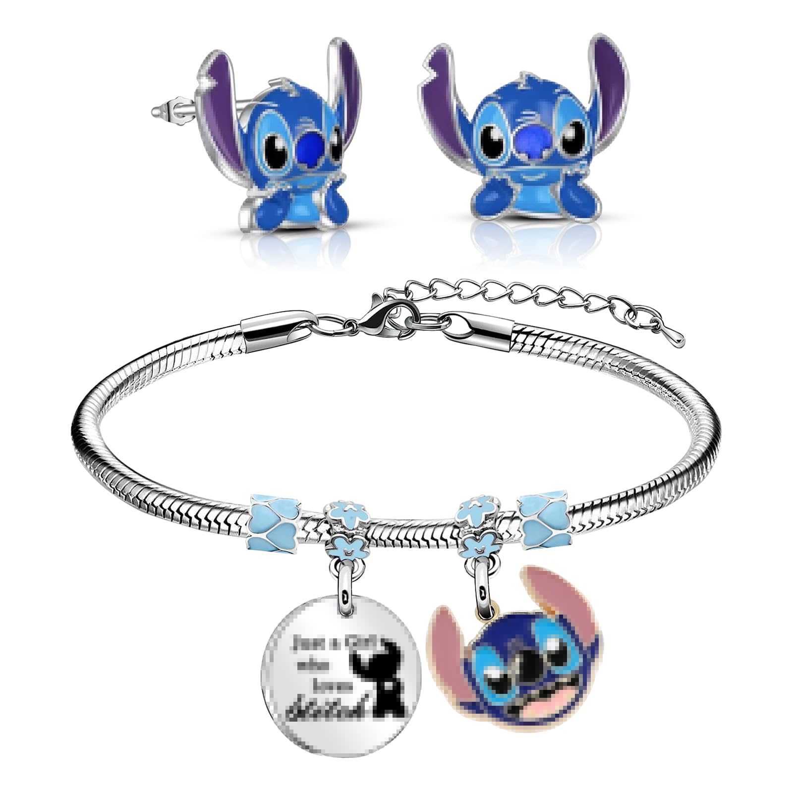 ATOWORLDStitch Bracelet for Girls Women Friendship with Stud Hoop Earrings Christmas Jewellery Present for Girls Women Earrings Friendship Bracelets for Girls Kids Friend Cute Cartoon Bracelet for Birthday