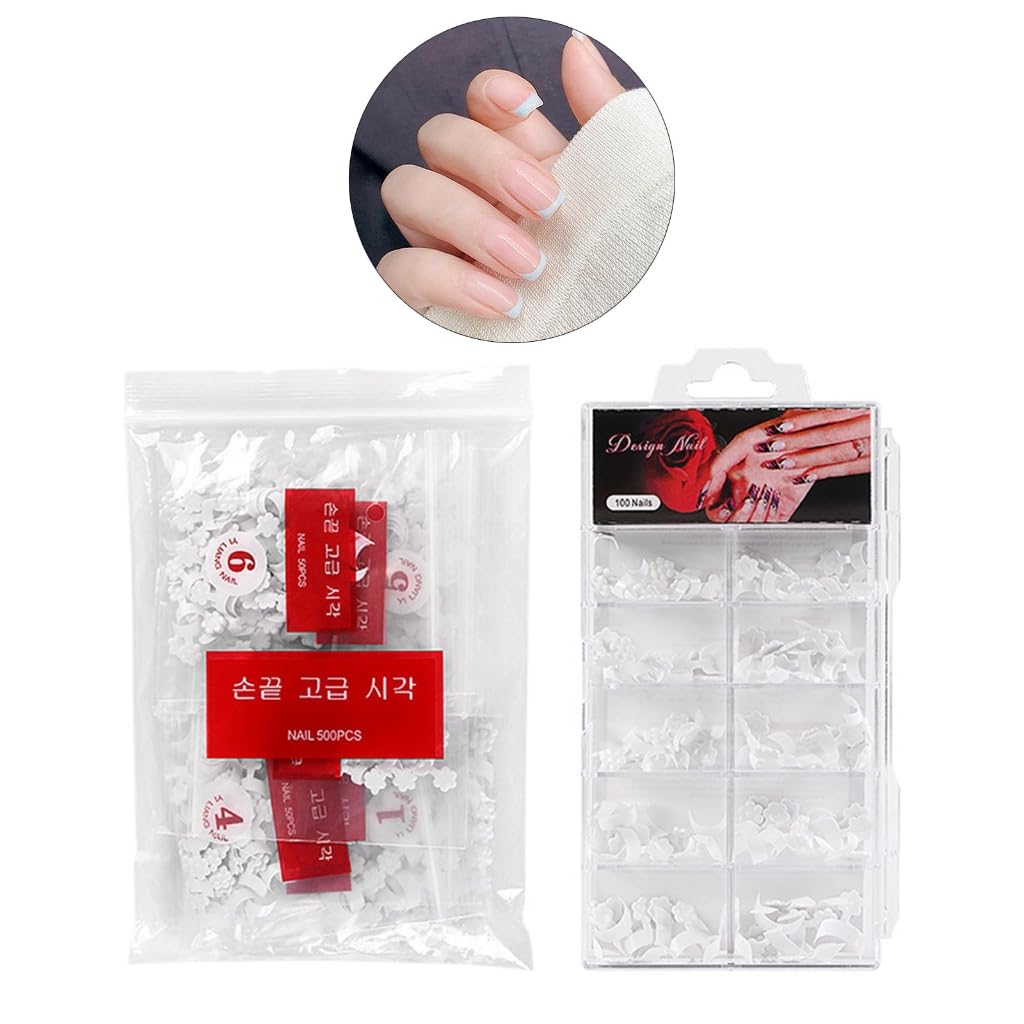 100/500Pcs White French Short Acrylic Nails Tips Crescented Shape for Salon and Home Manicures Multiple Sizes Included