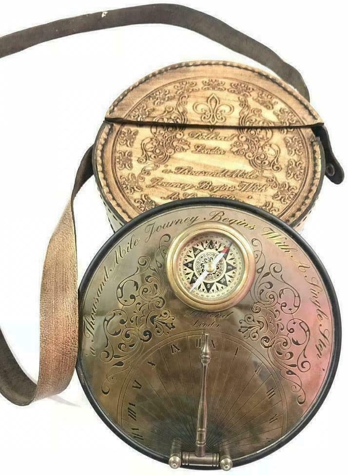 Nautical Brass Garden Sundial Compass with Stamped Leather Case for Hanging.