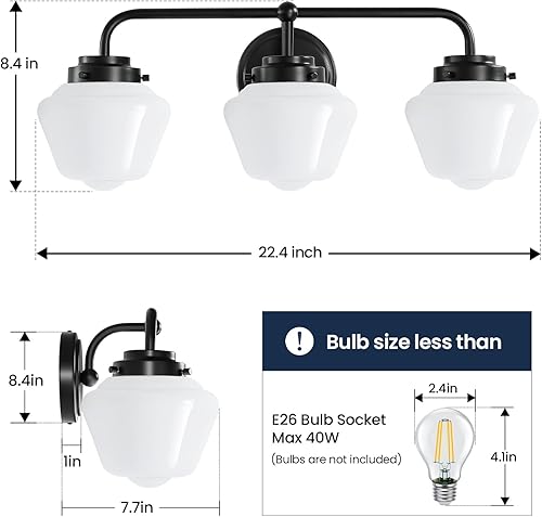 Miniatura 2 de Lámparas de tocador de baño 3 luces negras de tocador para baño sobre espejo, iluminación de pared de granja con vidrio lechoso esmerilado para