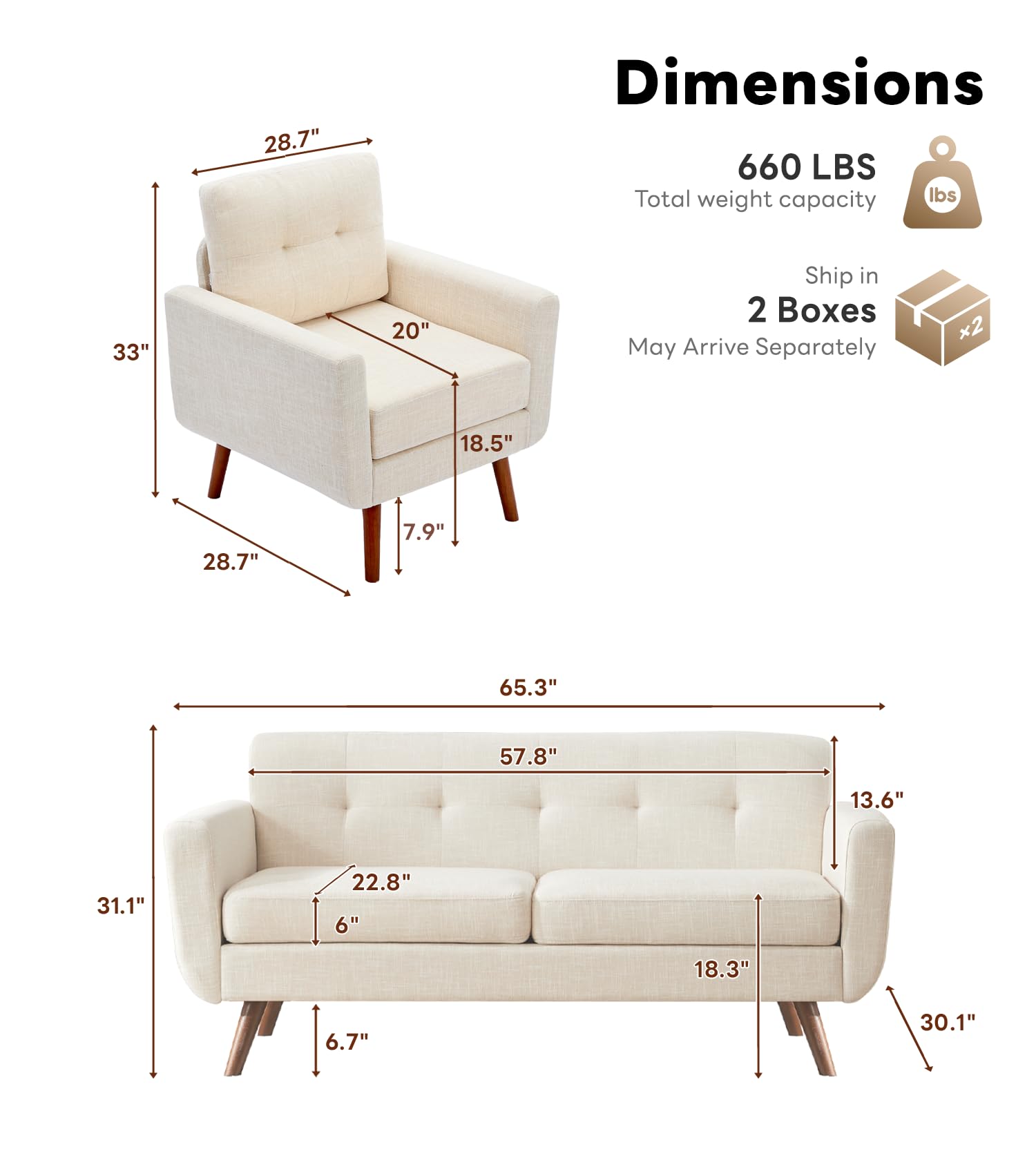 Tbfit Mid Century Modern Sofa Couch, Beige, Loveseat & Accent Chair | linen fabric, button tufted, solid wood foot, pocket spring, wood slats frame - 2