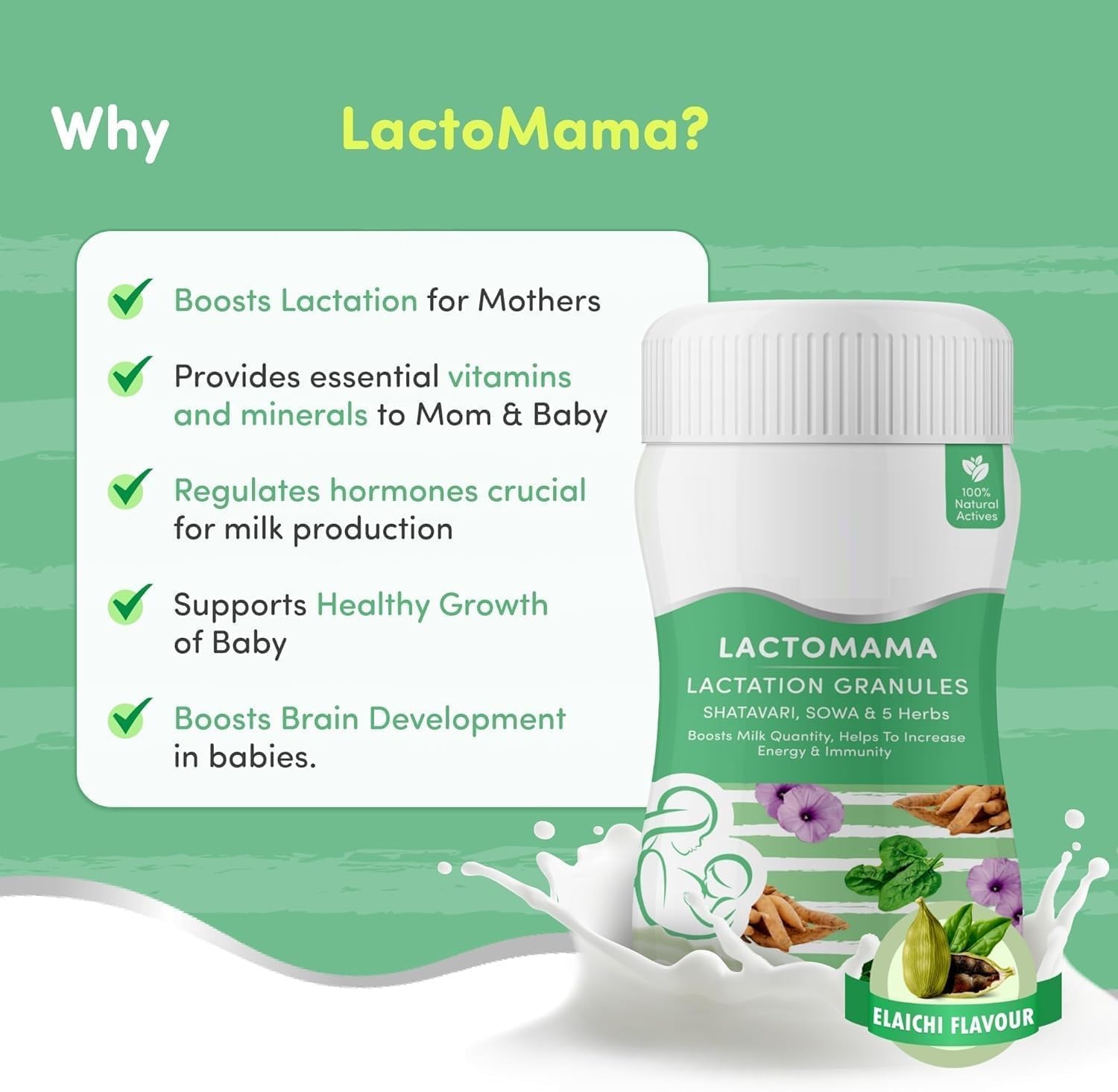 300g Pack of 2 Lactomama Lactation Granules for Breast MilkEach| Increases Milk Supply | with Herbs Like Shatavari, Sowa & 5 Herbs | 2 Scoops Per Serving with Milk - Elaichi