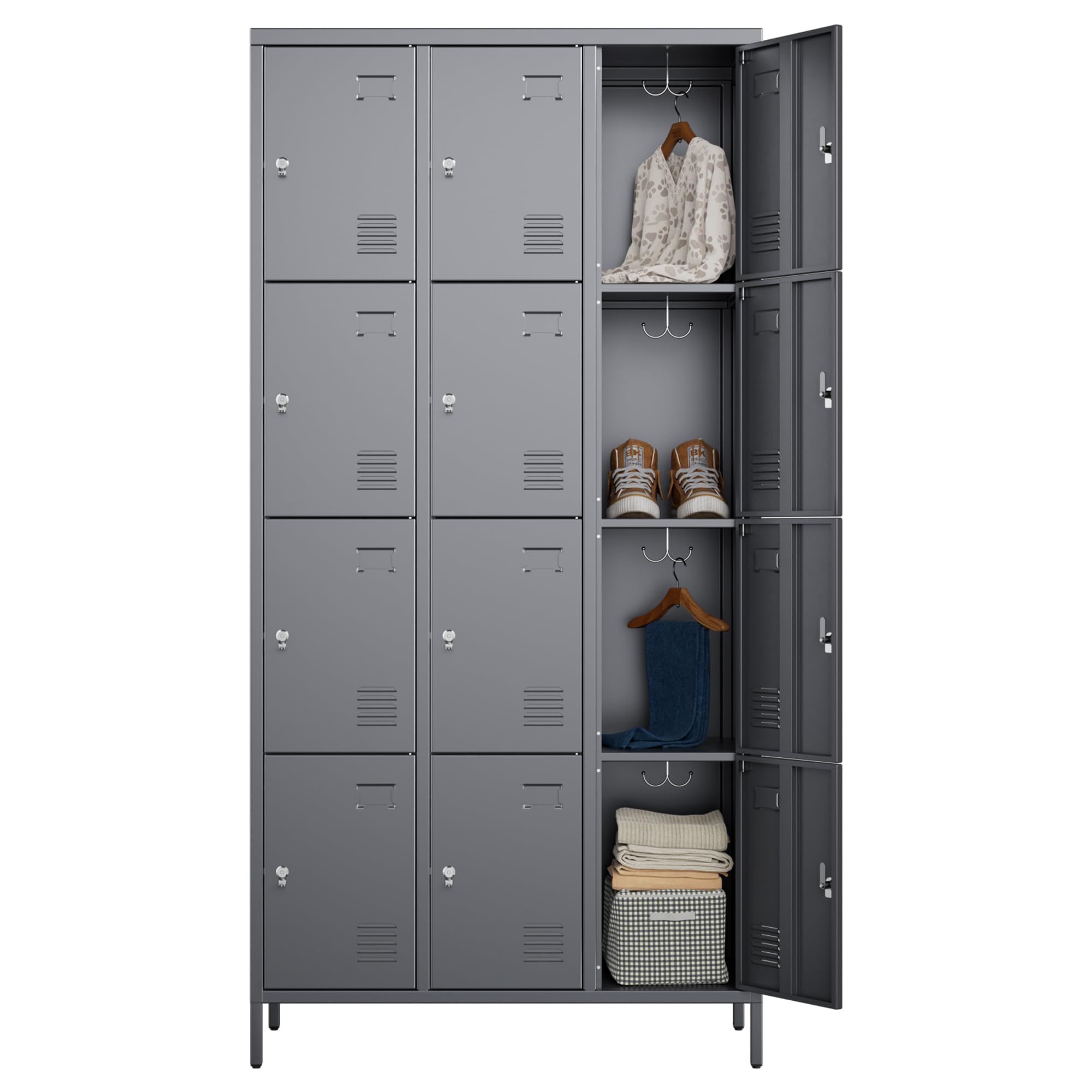 SUPEER Metal Lockers for Employees with 12 Door and 12 Hooks,Metal Storage Locker with Lock for School Office Gym Bedroom,Assembly Required,Dark Grey