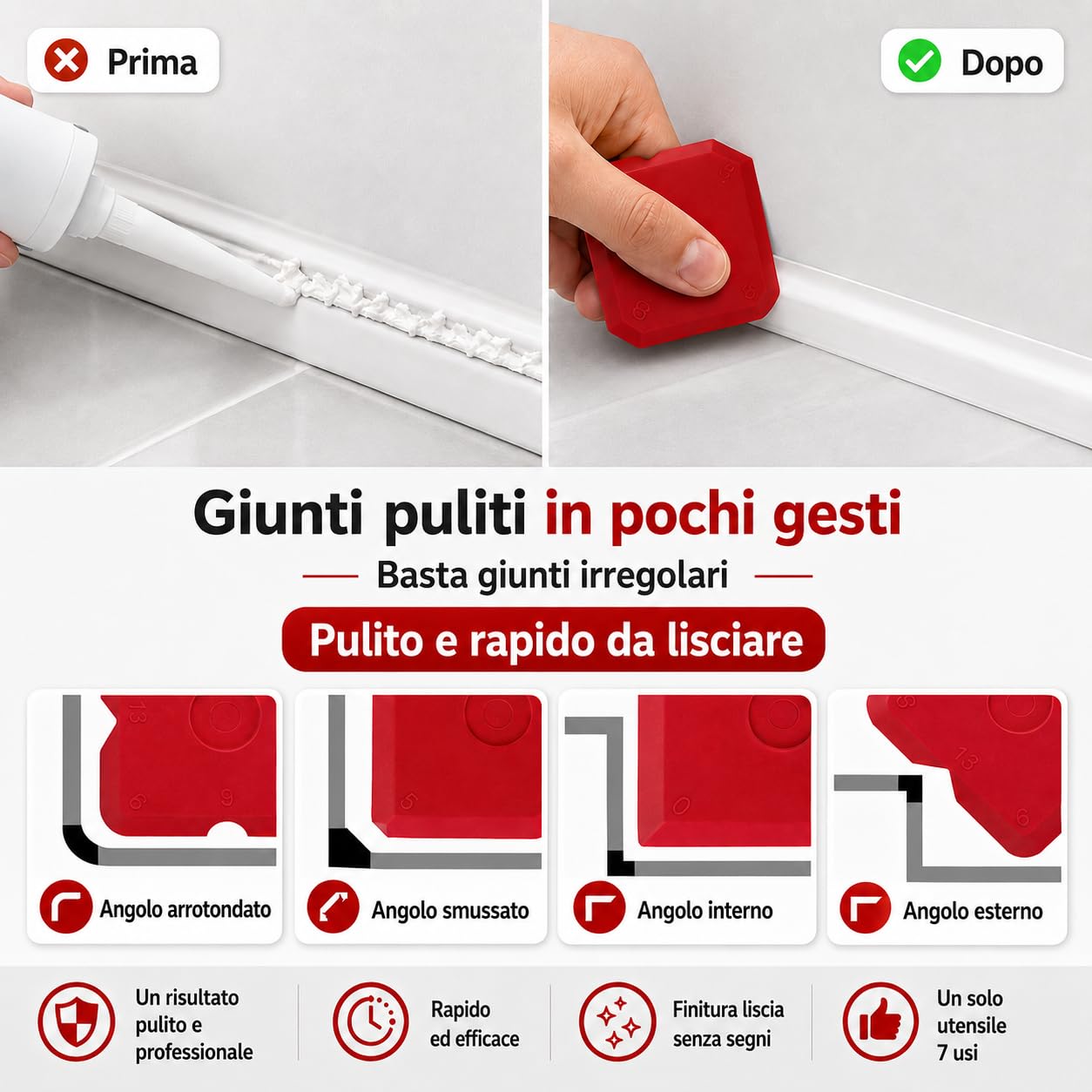 MARELI SERIE 7 - Spatola per Silicone Raschietto Togli Silicone Spatole per Silicone Calafataggio Flex Kit Silicone 7 in 1 Spatola Silicone Sigillante Professionale con Grout Remove per Bagno,Cucina
