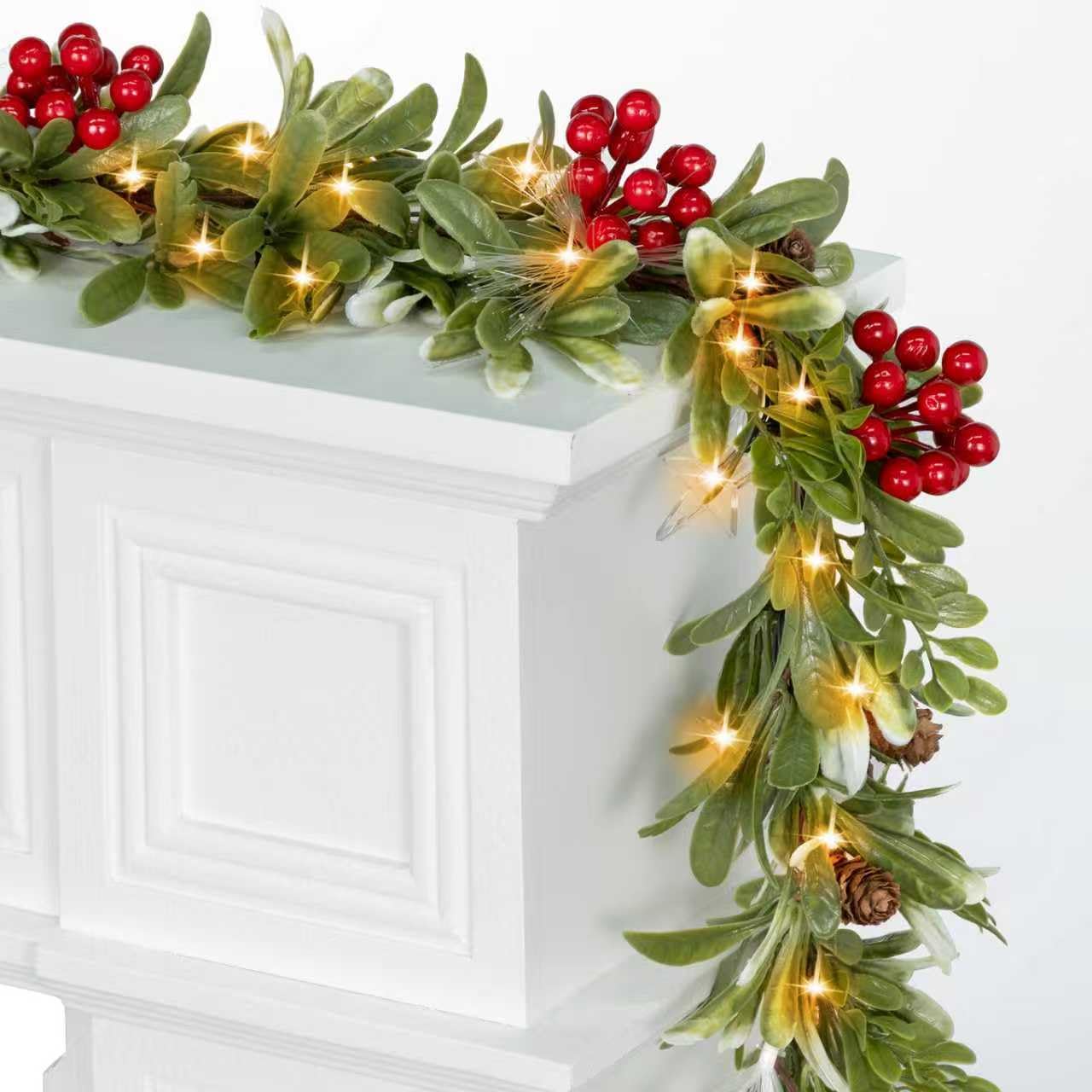 6.5FT Christmas Garland with Lights & Timer, 30 LED Pre-lit Greenery Olive Garland with Red Berry Pinecone, Lighted Garland for Fireplace Mantle Door Stairs Table Christmas Decoration Indoor