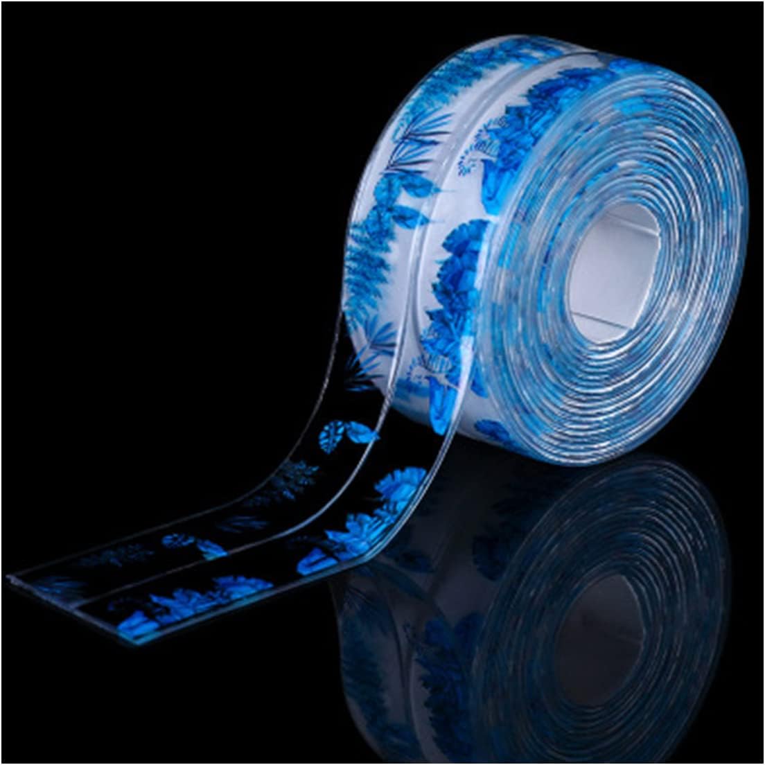 Queenbox 1.5x126in Self Adhesive Caulk Tape, Pattern PVC Strip Sealing Tape for Kitchen Sink Bathroom Toilet, Blue Leaf