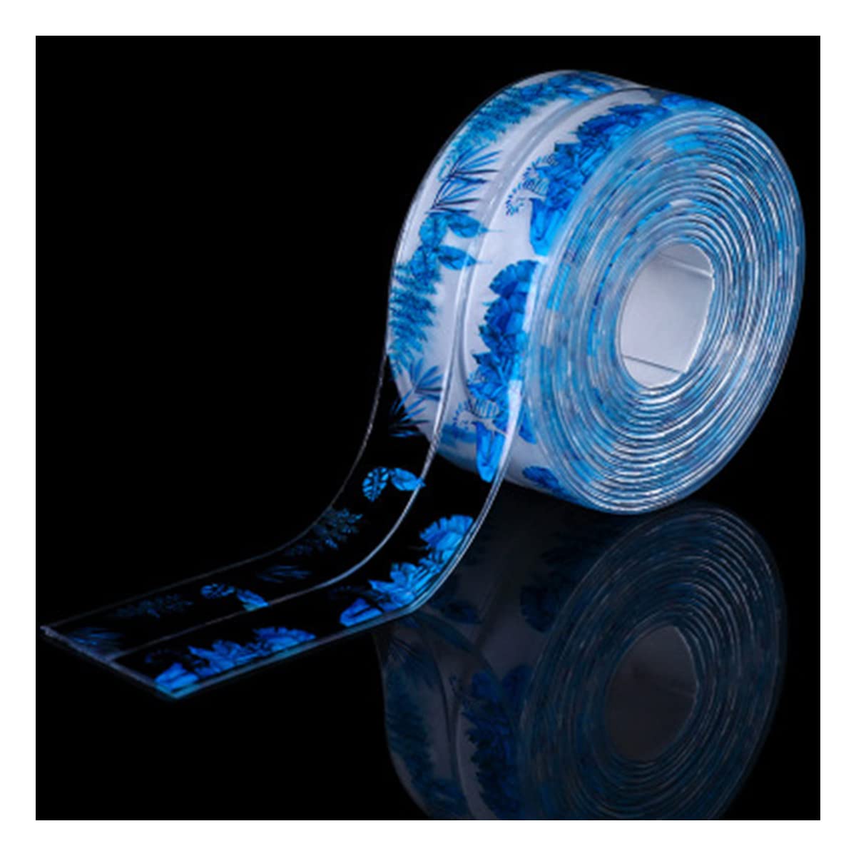 Queenbox 1.5x126in Self Adhesive Caulk Tape, Pattern PVC Strip Sealing Tape for Kitchen Sink Bathroom Toilet, Blue Leaf