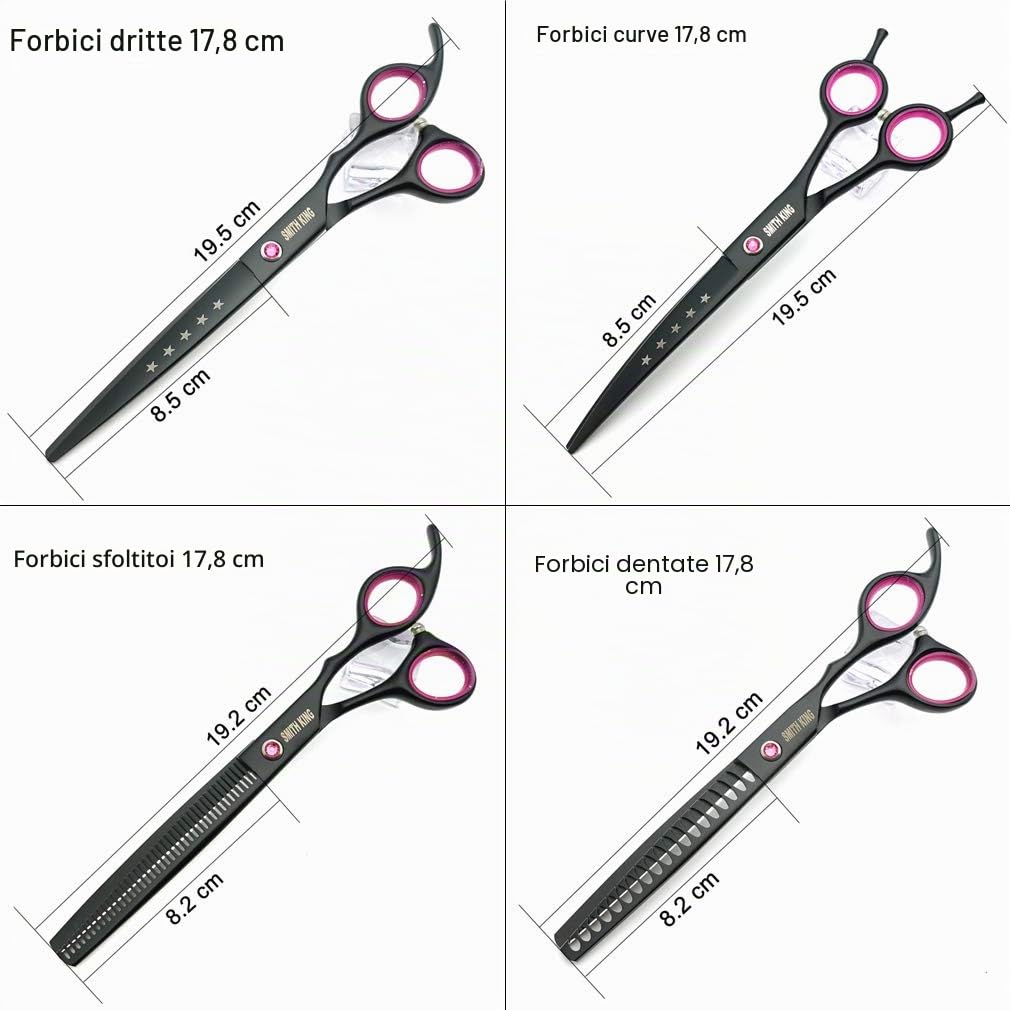 Set di Forbici Professionali per Toelettatura Cani - 17,8 cm, 4 Pezzi: Dritte, Sfoltitrici, Curve, Chunker Con Pettine
