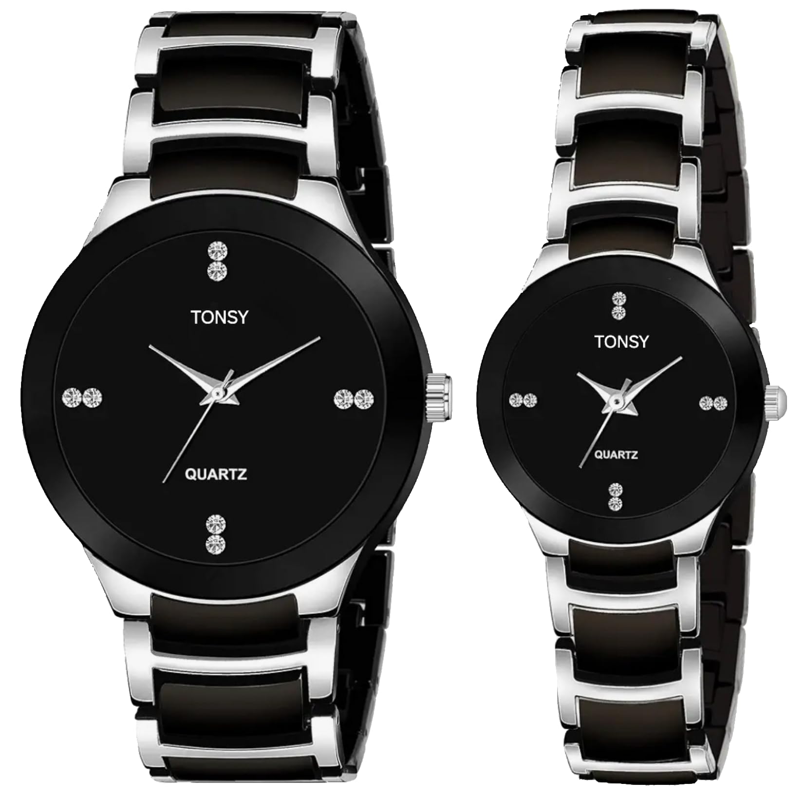 Analogue Diamond Men & Women Black Couple Combo Metal Chain Watch - Couple Combo Watch Set 2
