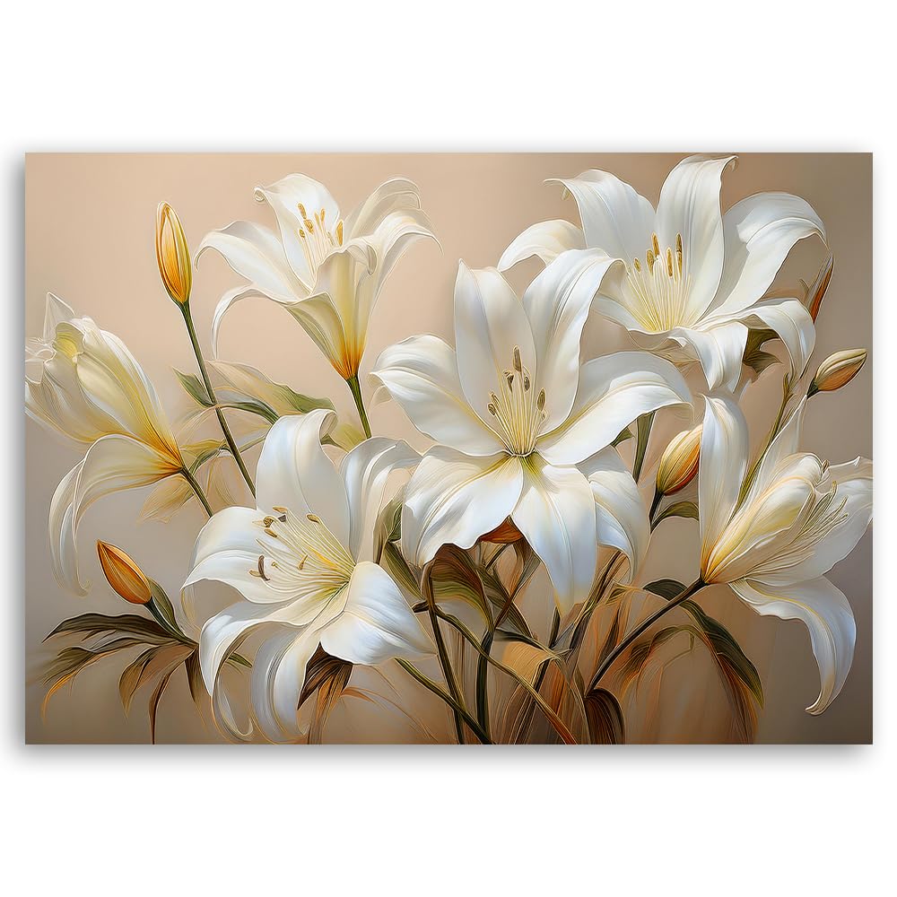 Feeby - Impression sur Toile - Deco Tableau Murale Intissé - Bouquet de lys blancs Fleurs Plantes - 90x60 1partie - Photo Peinture - Pour Chaque Pièce de Votre Appartement