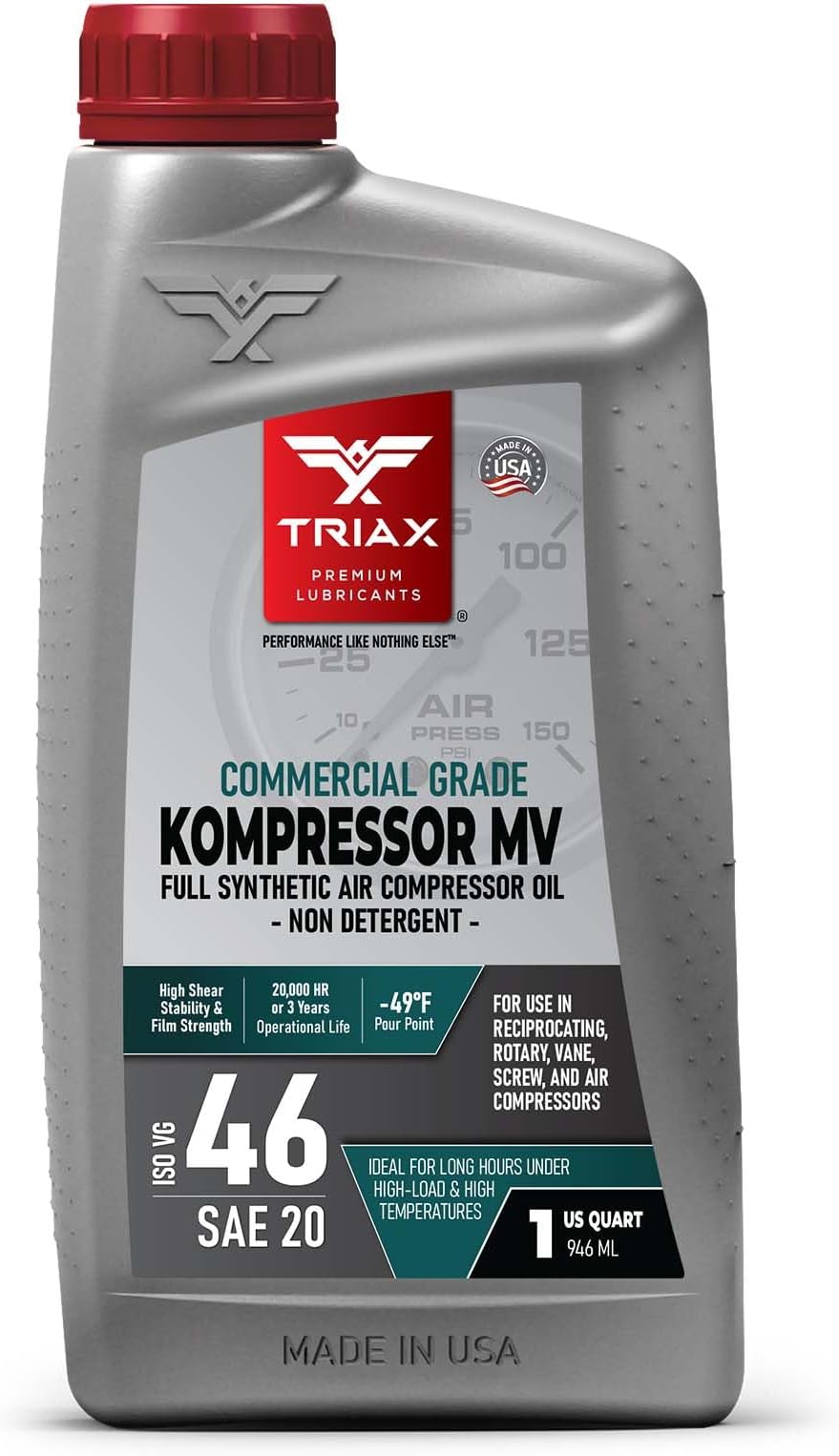 Kompressor MV ISO 46, Multi Vis, Full Synthetic Air Compressor Oil, Rotary, Vane, Screw, Reciprocal, High Temp, 20,000 Hour Life (1 Quart)