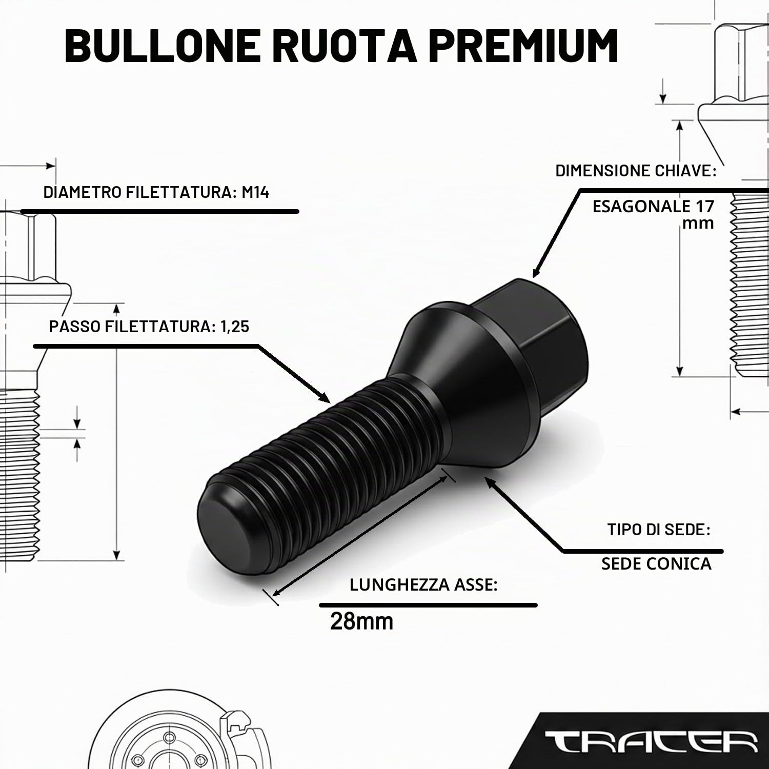 TRACER 20 bulloni neri per ruota M14 x 1,25 28 mm compatibili con BMW