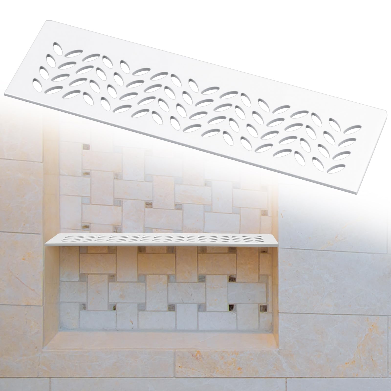 Photo 1 of Teenyyou 1 Pcs Aluminum Shower Niche Rectangular Shelf White 5/32"/ 4 mm Thick, Petal Design, Matte White Finish for 12" Prefabricated Niches, Fits 5/32" Grout Line