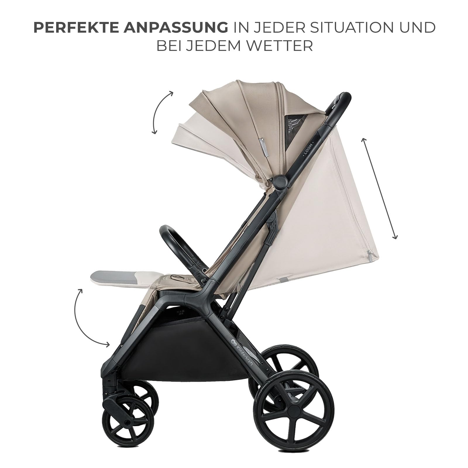 Kinderkraft LOOM Kompakter und leichter Buggy, automatisches Zusammenklappen, große pannensichere Räder, verstellbare Rückenlehne, ab Geburt bis 22 kg, Beige