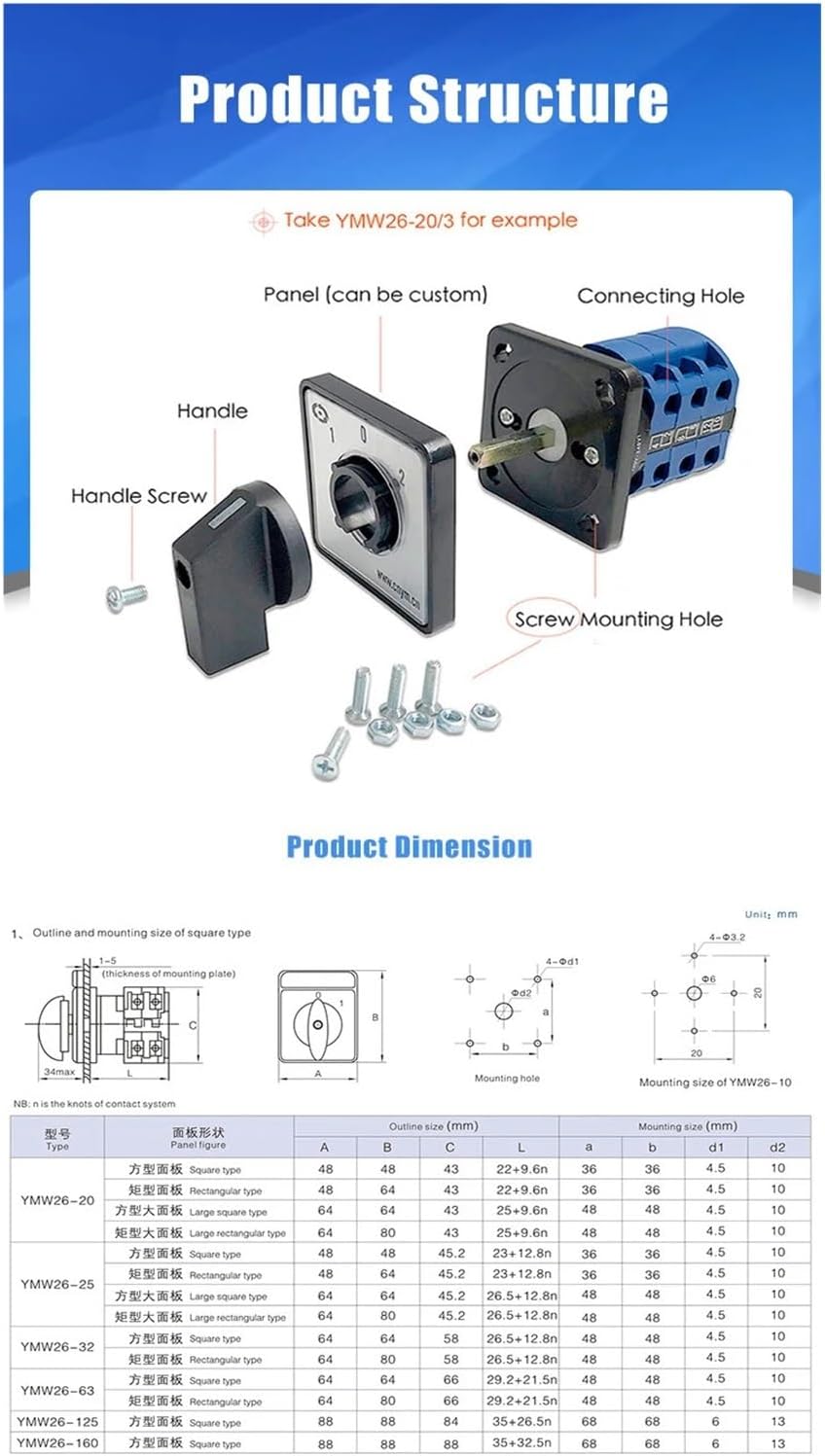No Panel YMW26-20/1 Changeover Rotary Cam Switch Control Dual Power Three Position One Section Sliver Contact