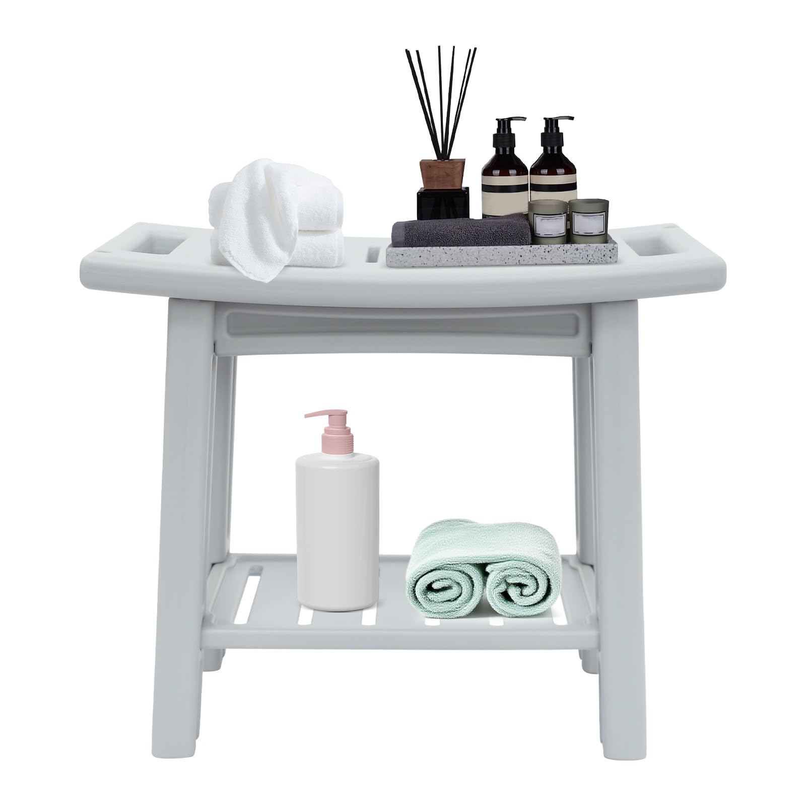 Taburete de ducha con estante, silla de ducha para personas mayores, soporta 70 kg, antideslizante, estable y cómodo, taburete de baño ligero, 56 x 32 x 46 cm, gris