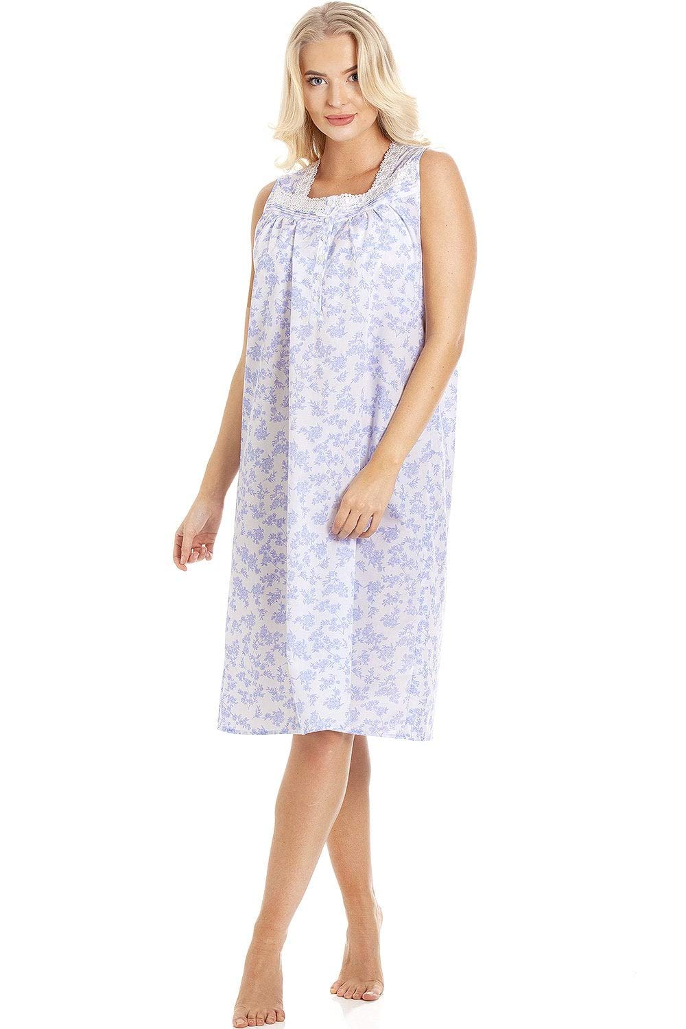 Camille Women's Classic Floral Print Sleeveless Nightdress in Blue | Size: 22-24
