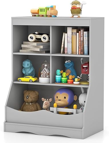 LDAILY Estantería para niños, muebles de dormitorio para niños con 4 cubos, 1 compartimento abierto, estantería de guardería con dispositivo