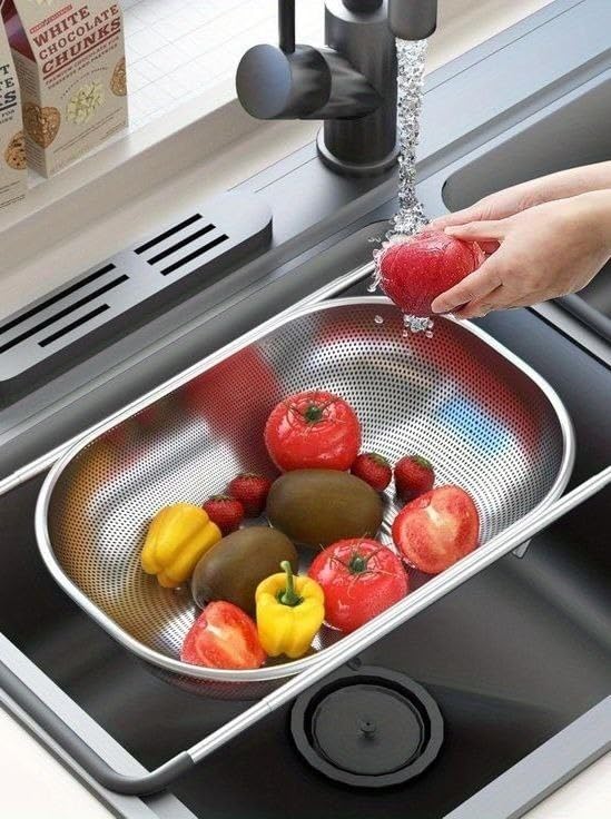 Image of Onrpix Multipurpose Stainless Steel Colander Basket for Washing Rice, Fruits, Vegetables, Grains, Strainer Drainer Bowl with Handle, The Kitchen Bowl (Square)