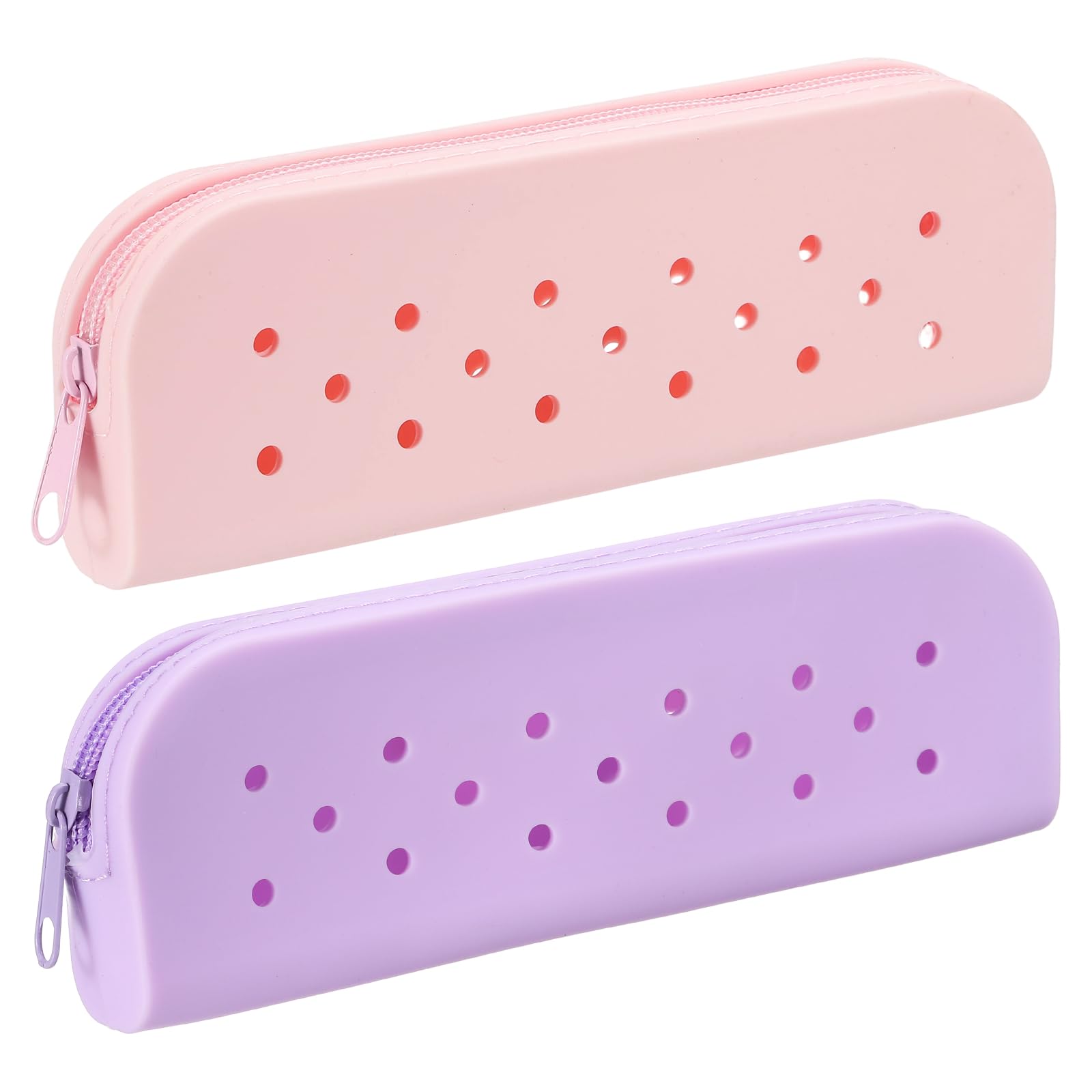 PATIKIL 2 Pack Silicone Pencil Pouch, Small Pencil Pouch Case with DIY Holes Cute Silicone Stationery Organizer for Office Travel Makeup, Purple/Pink