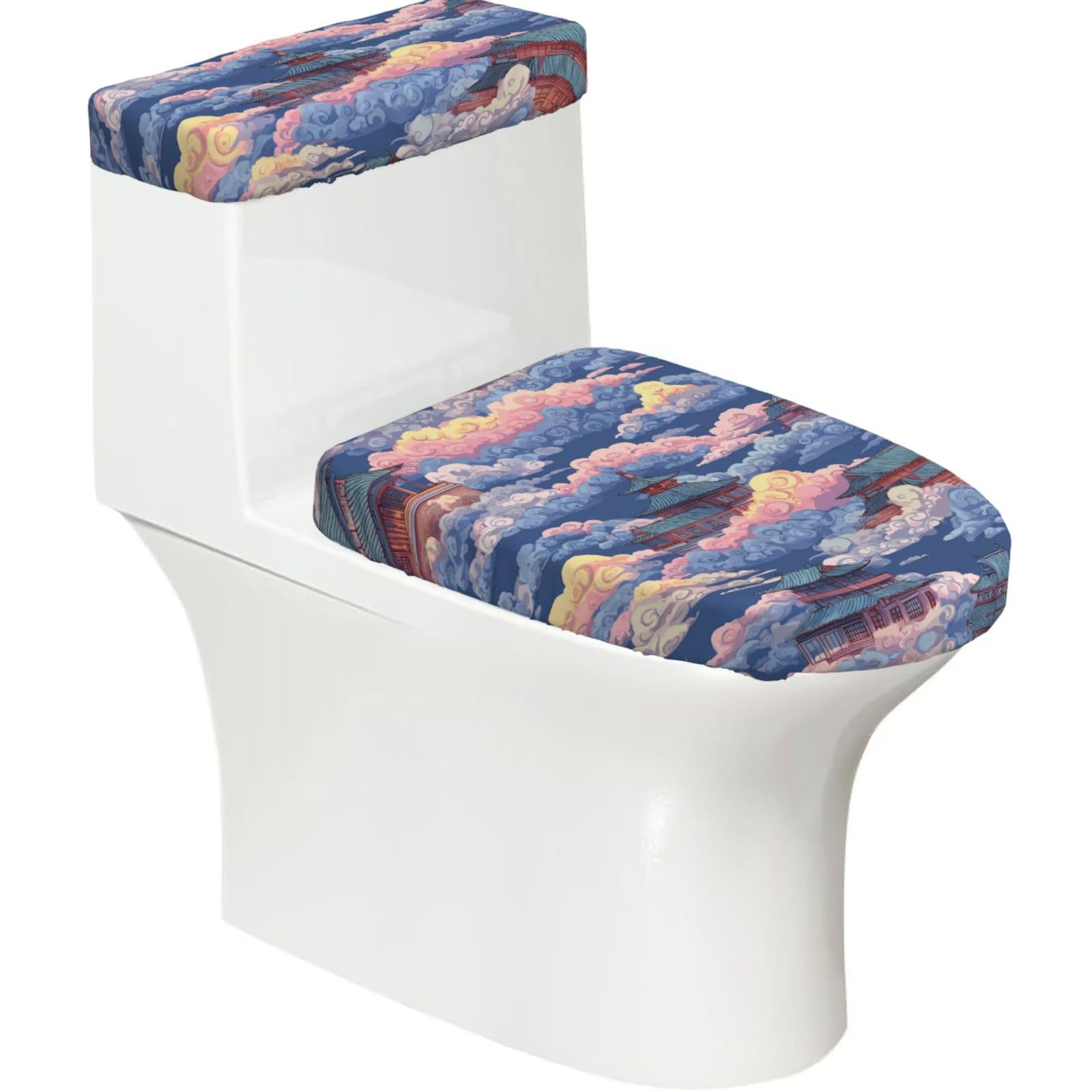 Wzycwb Black Ancient Pagoda In The Clouds 2-Piece Toilet Seat Cover Set With Tank Lid, Elastic Fit For U-Shape & Elongated Toilets, Bathroom Decor, Housewarming Gift