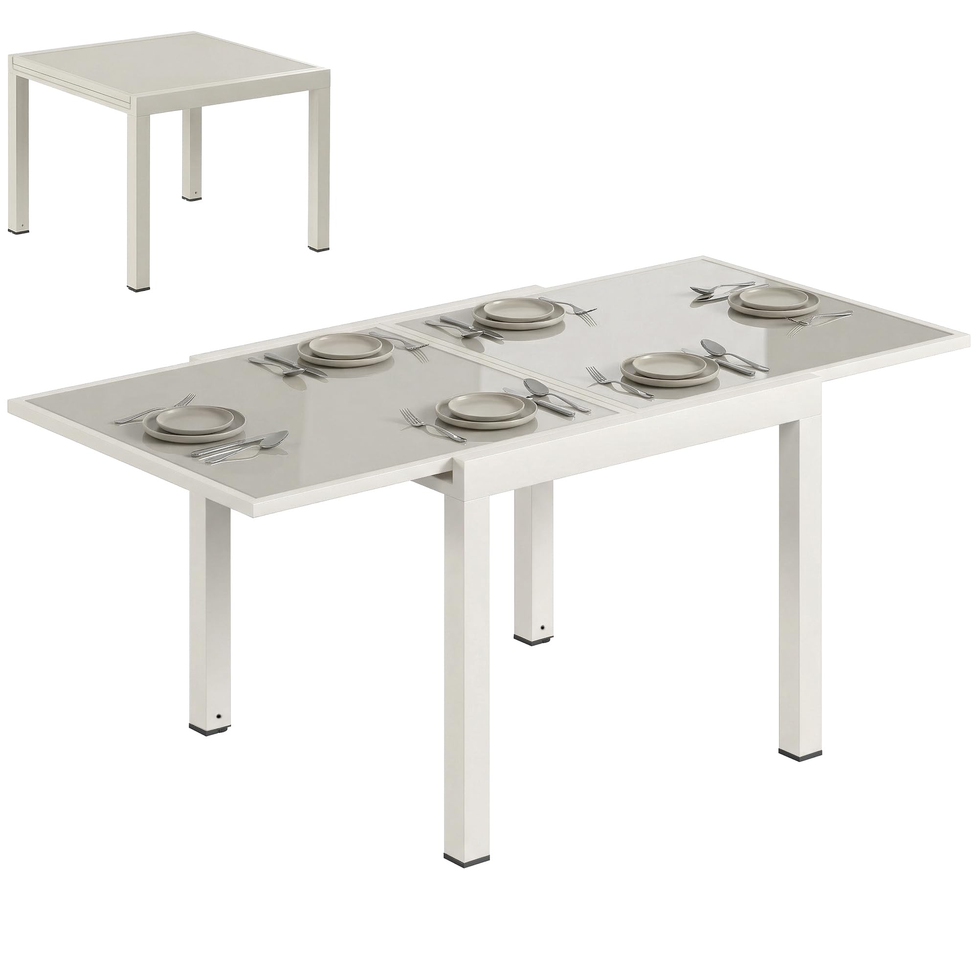 Outsunny Tavolo da Giardino Allungabile per 4-8 Persone, 90/180x90 cm Tavolo da Pranzo Estensibile da Esterno in Alluminio con Piano in Vetro Temperato, per Patio Terrazzo Balcone, Bianco Crema