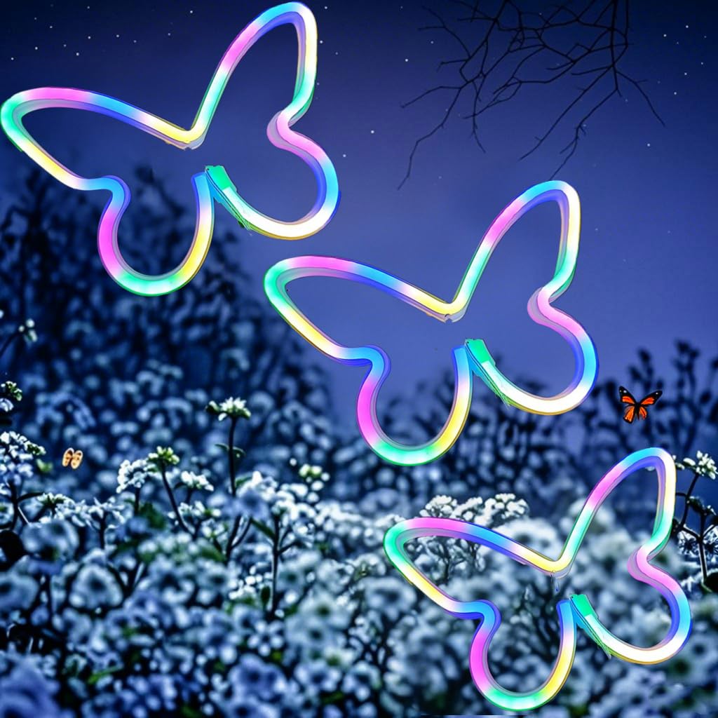 HFHungkeong 3Pcs LED Buterfly Lights USB or 3xAA Battery Powered Butterfly Neon Light Signs Butterfly Wall Art Decorations for Christmas Birthday Wedding Party Home Decor(Color) — image 1