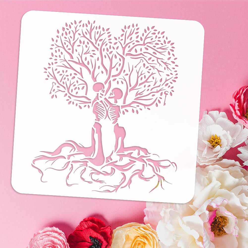 Stencil Albero Della Vita 30x30 Cm Con Teschio E Scritta Love Till Death – Sagoma Riutilizzabile Per Pittura Fai Da Te