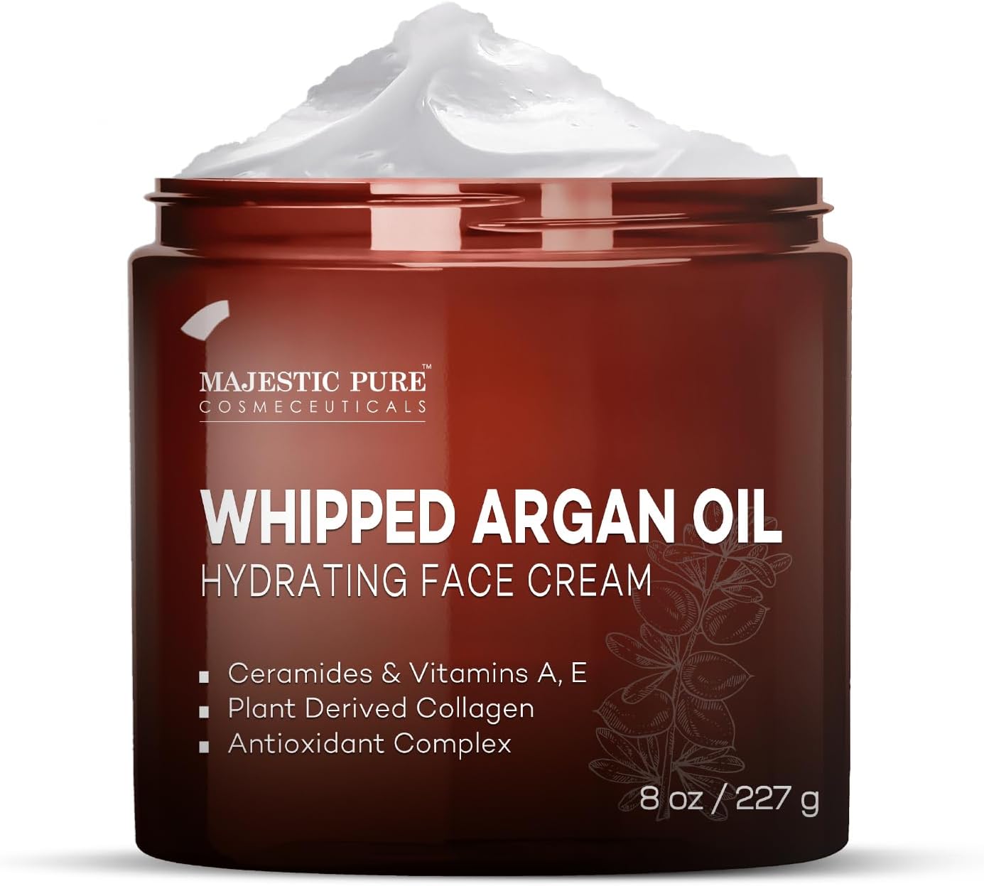 Majestic Pure Whipped Argan Oil Moisturizer Face Cream for Women & Men - With Vitamin E A, Collagen & Ceramides - Hydrates Dry Skin, Oily Skin, Reduces Appearance of Fine Lines – 8oz